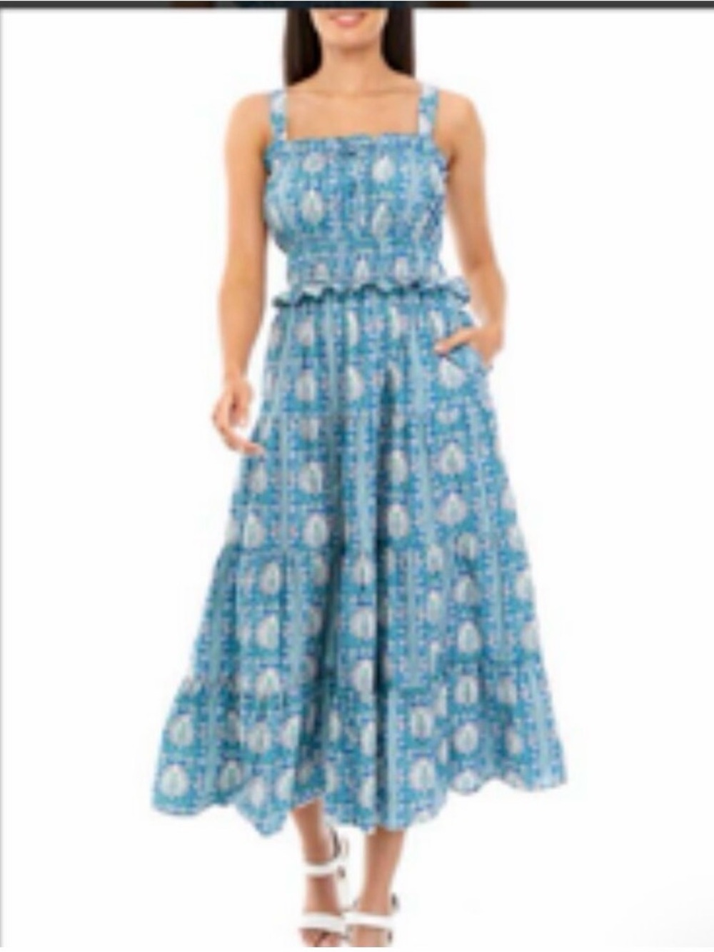 Chelsea & Theodore Floral Block Print Tiered Ruffle Cotton Poplin Maxi Dress L